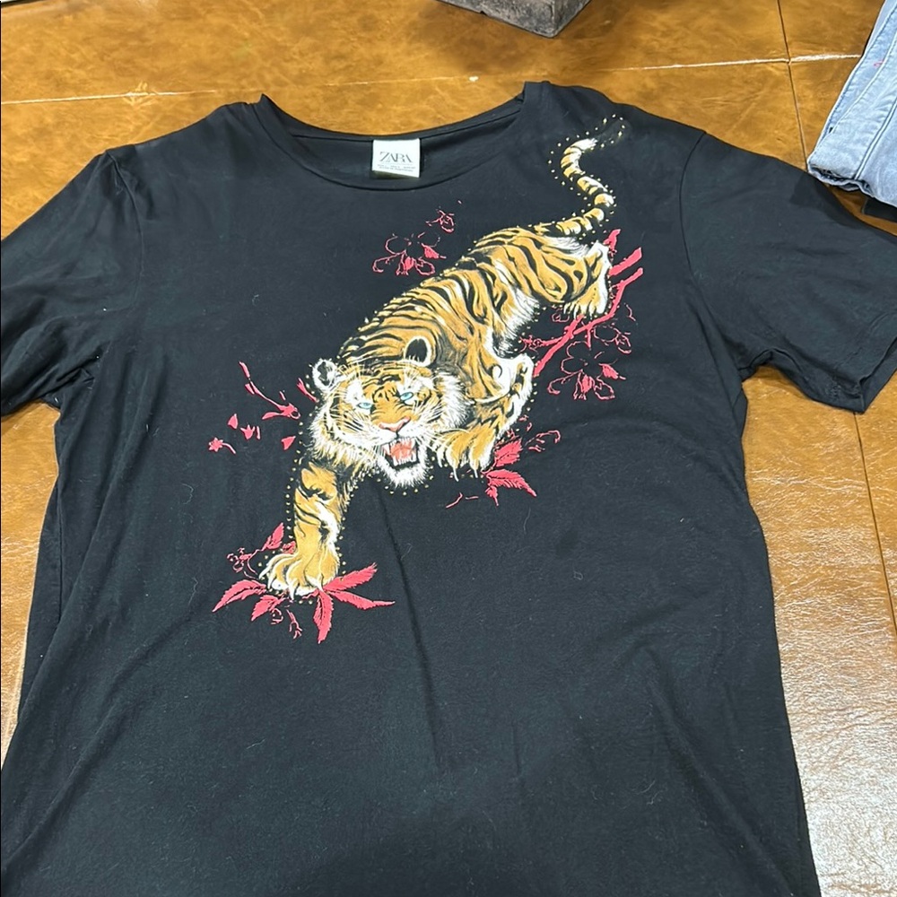 Zara Black Tee with Japanese Tiger and Red Accents